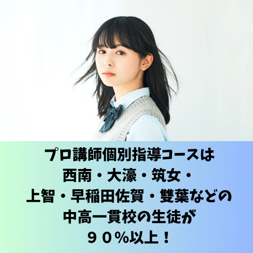 プロ講師個別指導コースは、西南・大濠・筑女・上智・早稲田佐賀・雙葉などの中高一貫校の生徒が90%以上